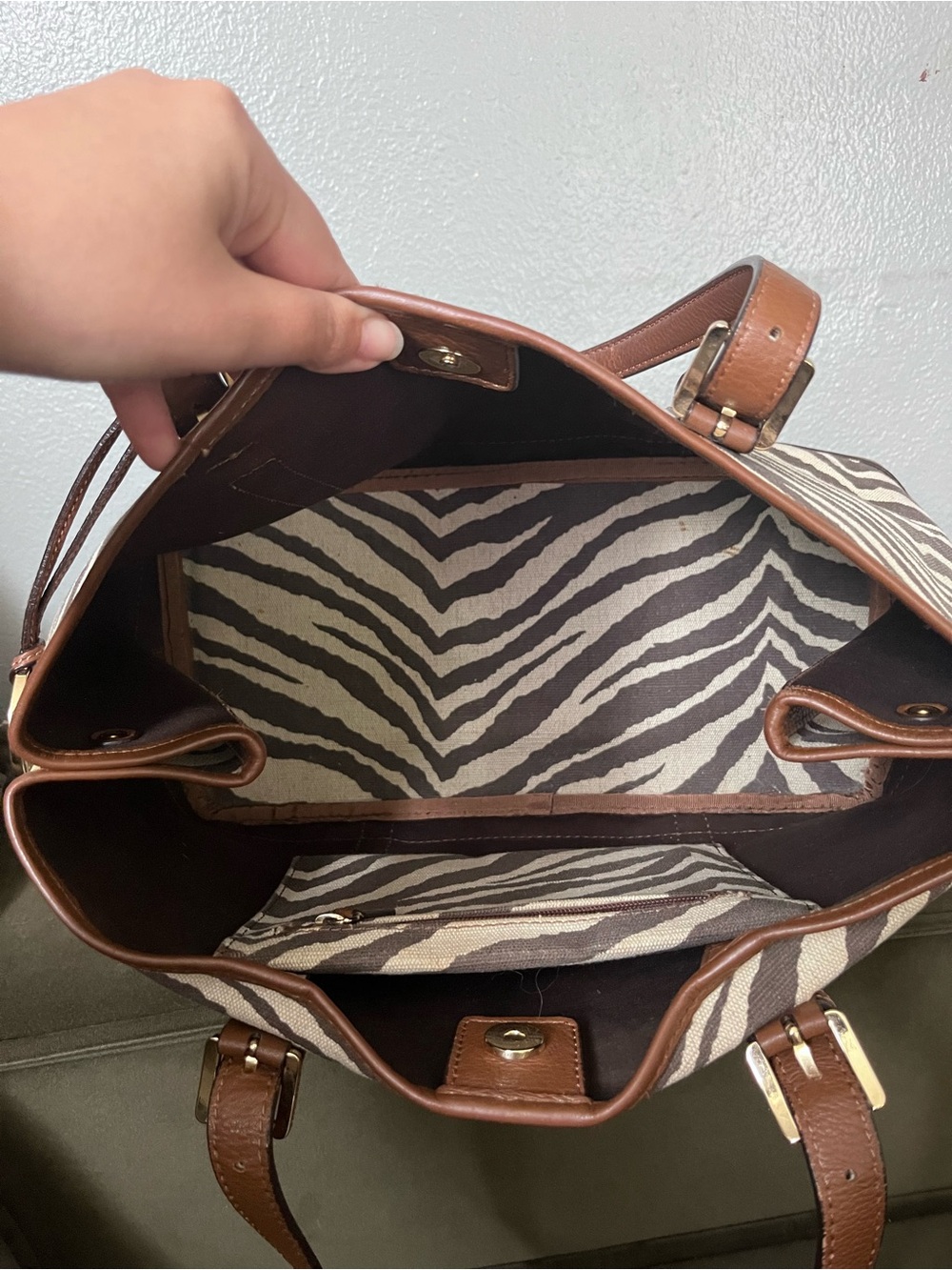 Michael Kors Black and White Zebra Canvas Tote with Brown Leather Trim - Picture 11 of 14